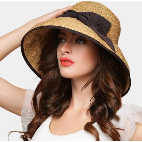 New Arrival Bowknot Straw Hat Lady Fashion Sunshade Foldable Hat Girls Summer Sunscreen Cap Student Beach Sun Cap B-7674