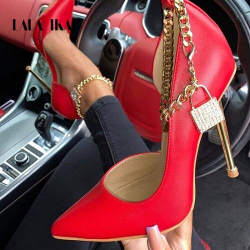 LALA IKAI 2021 Spring Summer Pointed Toe High Heels Chain Lock Bit Drill Women Sandals Large Size Female Shoes Zapatos de mujer