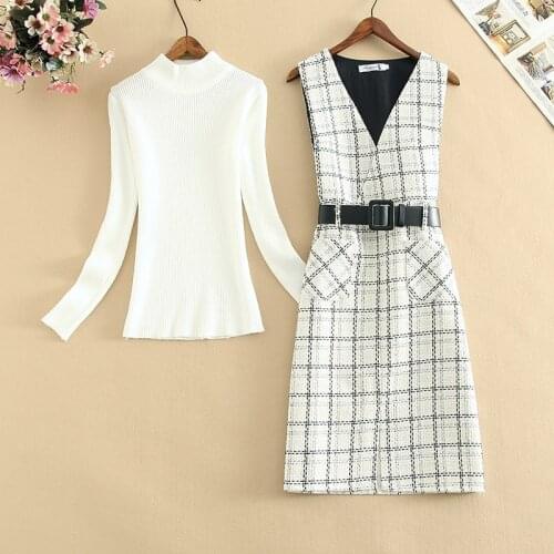 2020 Autumn Winter Two Piece Set Overalls Dress Women New Turtleneck Sweater + Criss Cross Plaid Tweed Vest Dress Plus Size 2XL
