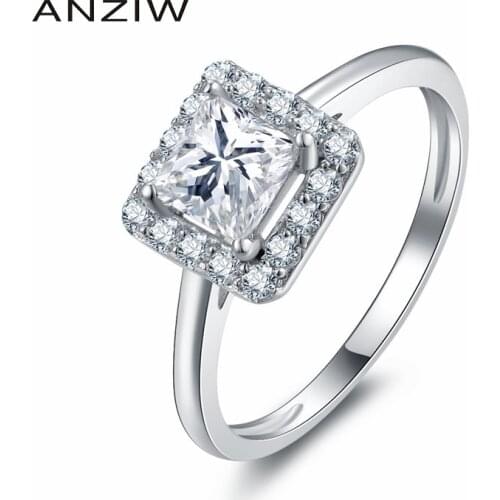ANZIW 925 Sterling Silver 4 Prongs anillo de bodas de las mujeres Sona Halo Princess Cut Women Engagement Wedding Silver Rings