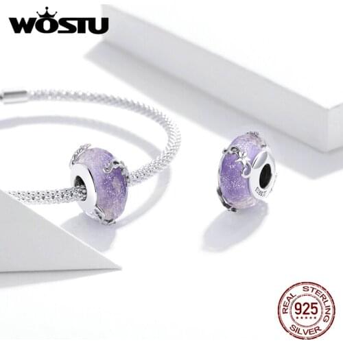 Wostu 925 Sterling Silver Dream Beads Purple Glass Purple Zircon Charm fit Original Bracelet Bangle Making DXC1797