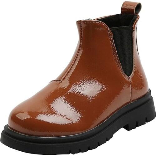 COZULLAA Children Boys Fashion Boots Kids Girls Autumn Winter Plush Lining Classic Chelsea Boots Patent Leather Shoes Size 26-36