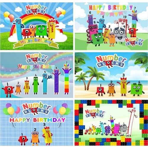 Woncol Numberblocks Photo Backgrounds Happy Birthday Photography Backdrops Balloons Sandy Beach Coconut Tree Summer Decor Banner