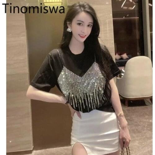 Tinomiswa High Street T Shirt Women Camisetas Mujer O Neck Short Sleeve Blingbling Loose Tshirts Female Korean Streetwear Tops