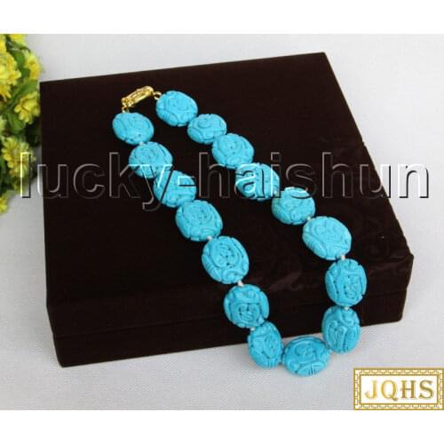 JQHS AAA natural 19" 27*23mm Blue oval carved turquoises Beaded Strand knotted necklace j11483A120