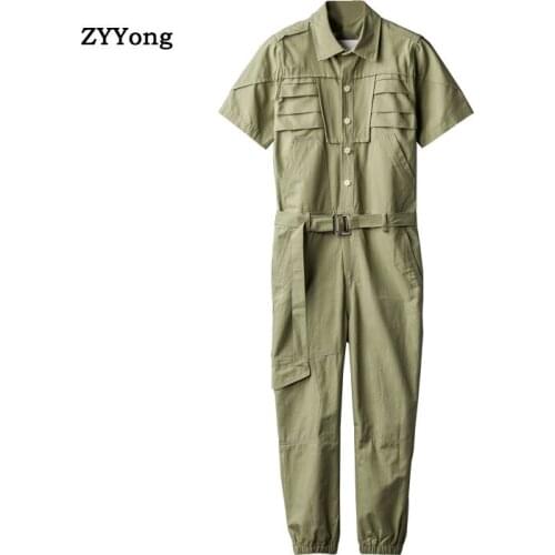 Summer Mens Short Sleeve Jumpsuit Lapel Slim Fit Hip Hop Overalls Joggers Streetwear Casual Cargo Pants Green Black Trousers