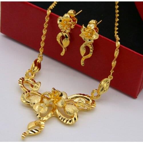 Flower shaped Pendant Necklace Earrings Set Yellow Gold Filled Womens Wedding Bridal Jewelry Sets
