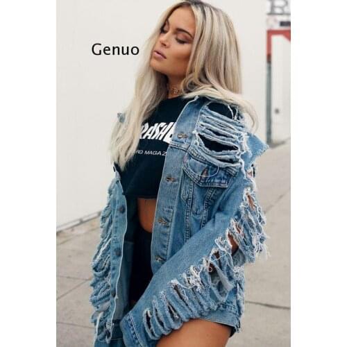 Autumn Spring Women Hole Denim Jacket 2019 Loose Frayed Denim Bomber Jacket Where Is My Mind Blue Coat Female Outerwear