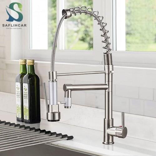 Brushed Nickel Spring Kitchen Sink Faucet 360 Degree Rotating Pull Down Sprayer With Two Water Outlets Single Handle Mixer Tap