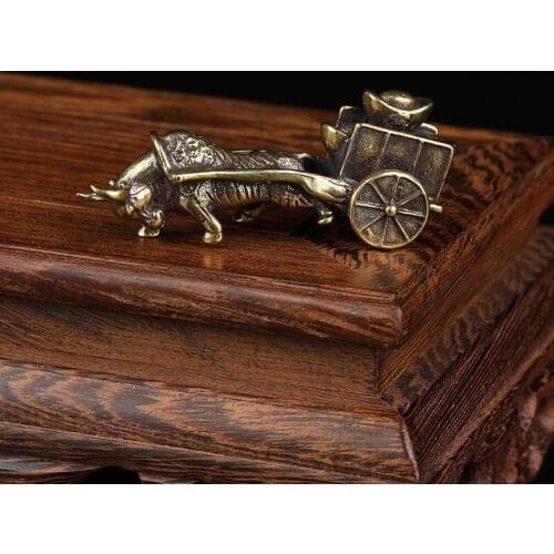 Copper Bull Pull Vehicle Figurines Chinese Folk Feng Shui Ornaments Retro Home Decoration Office Luck Wealth Miniatures Crafts