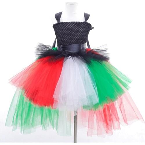 Fashion Red White Green Kids Girls Tutu Dresses with Tail Tulle Dressed Up Black Toddler Girls Cosplay Clothes 1-14 year