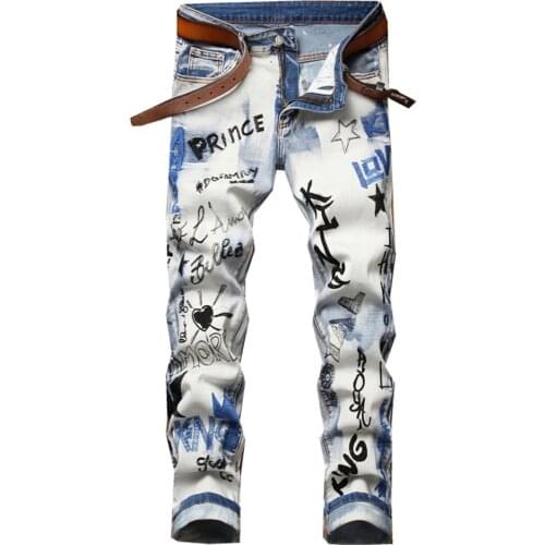 Mens Letters Embroidery Printed Jeans Trendy Slim Stretch Denim Pants Fashion Patchwork Trousers