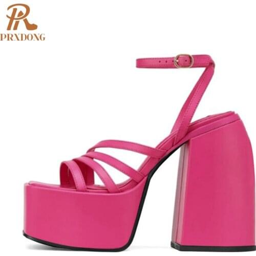 2021 New High Heels Women Sandals Thick Platform Female Slippers Buckle Strap Dress Office Ladies Wedding Microfiber Leather 42