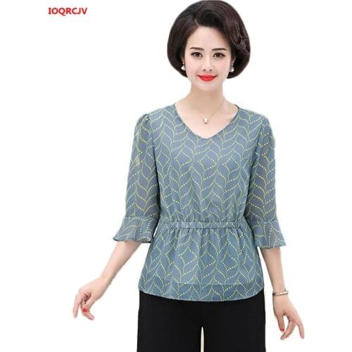 New Summer Womens Suit Middle Aged and elderly Mother fashion Chiffon Top + Wide-leg Pants Two-piece Suit Female Pant Set W1870