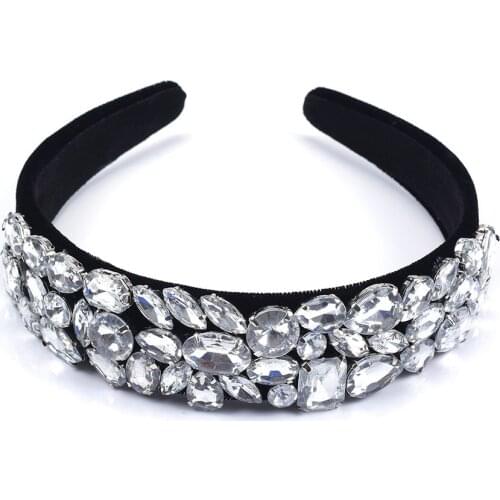 Vintage Rhinestone Headbands Baroque Style Hair Hoop Lady Wide Soft Black Hairbands for Women Party Headwear Hair Accessories
