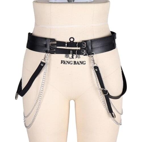 Sexy Womens Leather Leg Harness Chain Belt Goth Punk Rave Suspenders Body Bondage Garter Belts Adjustable Girdle Club Costumes