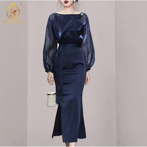 SMTHMA 2021 Autumn New Fashion Womens Temperament Lantern Sleeves Long Dress Ladies Elegant Patchwork Lace Up Mermaid Dresses