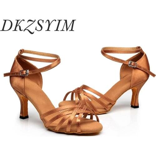 DKZSYIM Latin Dance Shoe For Women Girls Ballroom Tango Satin Salsa Shoe Soft Bottom Latin Dance Sandals High Heels 6-10CM 2020