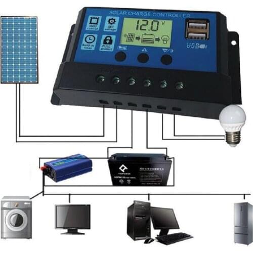 30A 20A 10A Solar Charger and Discharger Controller 12V 24V Auto LCD Display PV Battery Regulator with Dual USB 5V