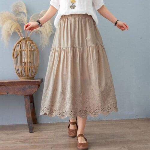 Art Hollow Embroidery Skirt Women Loose Cotton Mid-Length Skirt 2202 Summer New Casual A-Line Skirt