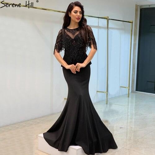 Serene Hill Black Mermaid Satin Evening Dresses Gowns 2021 Tassel Beading Half Sleeves Luxury For Women Party LA70542