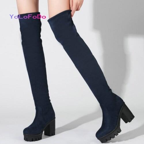 Black Red Blue Leopard Women Over the Knee Boots Platform Square High Heel Ladies Stretch Boots Faux Suede Autumn Winter Shoes