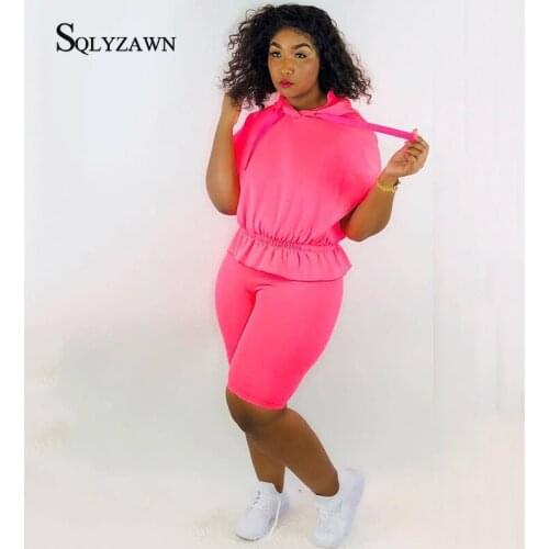 Women Neon Ruffle Fashion Two Piece Set Hooded Top and Shorts Casual Sprot Wear Matching Tracksuit Outfit Pink Black Jogger Suit