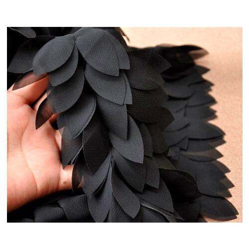 Black Chiffon Leaves Trim 3D Florals Lace Fabrics Accessories Holiday Costum Party Decors Supplies, 1 yard, FT003bla