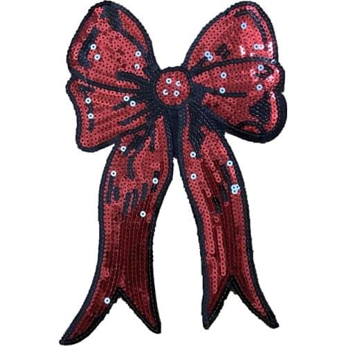 2020 New Arrival Large Red Bow Sequined Patches Iron on Sequins Bow-knot Applique for Clothes Jacket 1 Piece
