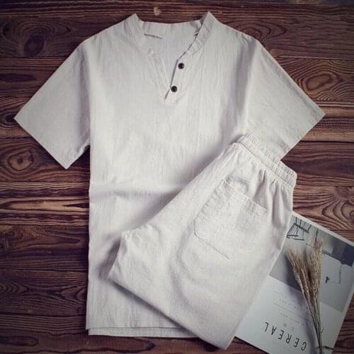 2020 New Summer Cotton Linen V Neck Black White Sets For Male Plus Size M-8XL Loose Fit Two Piece Set For Man