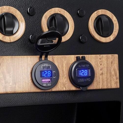 Auto Accessories P21-B QC3.0+PD USB Digital Display Version Voltage Display Car Charger Dual USB Socket with Switch Voltmeter