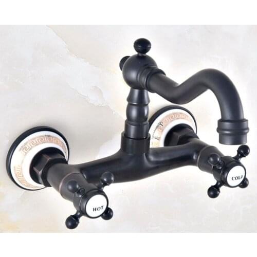 Black Oil Rubbed Antique Brass Bathroom Kitchen Sink Basin Faucet Mixer Tap Swivel Spout Wall Mounted Dual Cross Handles mnf455