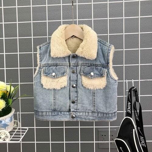 Childrens Fleece-Lined Denim Vest Thickened 2020 Winter Clothes Girls' Vest Waistcoat Baby Boys' Lamb Wool Coat