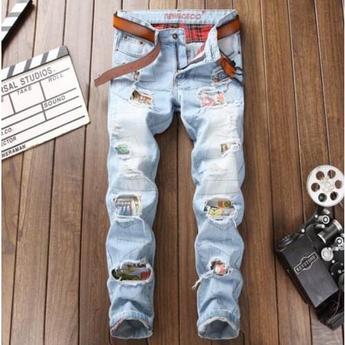 New pants jeans men slim fit straight bar Nightclub type male fringed smashed hole slim pantalones jeans hombre uomo fashions