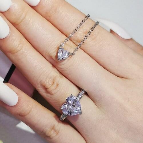 2pcs Pack 925 Sterling Silver Jewelry Set Promise Ring Stud Earring Pendant Necklace Party Gift For Women J6236