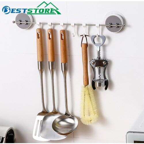 Wall Mounted Rack With 6 Hooks Towel Holder Hanger For Kitchen Bathroom Tools Organizer Hanging Rack Non-Trace Adhesive