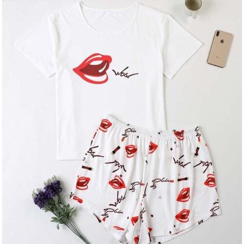 2020 New Summer Women Short-Sleeved Shorts Pajamas Round Neck Cartoon Lip print Sleepwear Casual Cotton 2 Piece Home Clothes