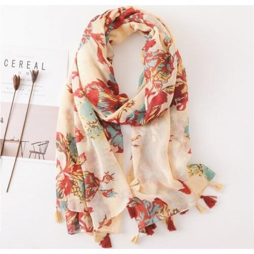 New Scarf Wild Air Conditioning Sunscreen Shawl Beige Background Color Flowers Cotton and Linen Scarf