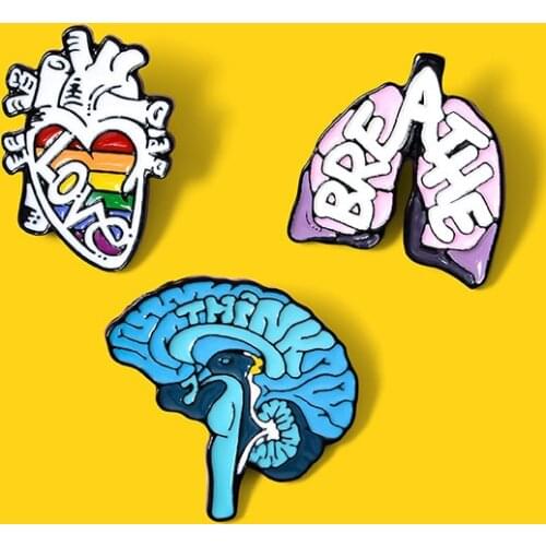 Organ Enamel Lapel Pin Blue thinking brain Breathing lungs Color has the heart of love Badge Brooch Rainbow thought friend gifts