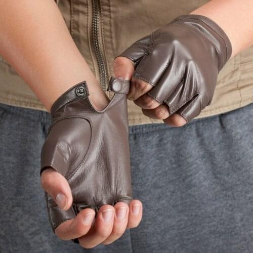 Fashion Half Finger Men Leather Gloves Genuine Leather Driving Gloves Women Solid Black Fingerless Mittens AGD001