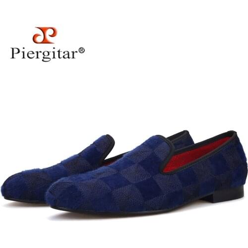 Piergitar 2020 two colors men velvet shoes with plaid horse hair design Handmade men prom loafers men plus size casual falts