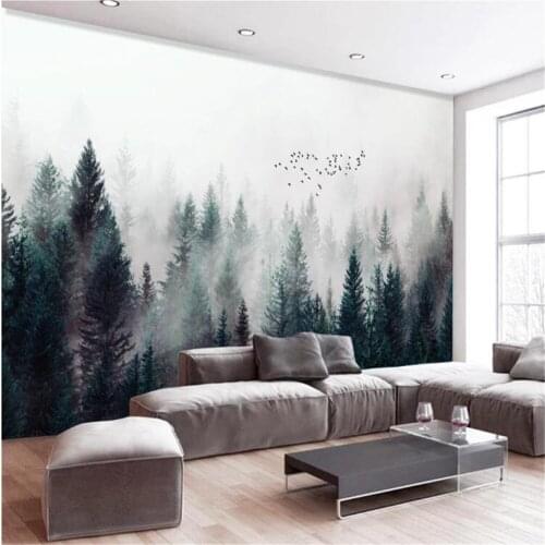 Milofi custom personalized mural wallpaper modern fresh misty forest cloud flying birds Nordic TV background wall