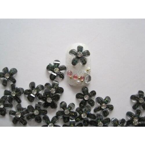 RF1-2 30pcs Cute Crystal Black Flower with Rhinestone Shape Nail Resin Decoration Outlooking
