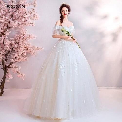 99GOWN Luxury Satin Women Wedding Dress Embroidery Handmade Flower Lace-Up Sexy Off Shoulder Bridal Wedding Gown