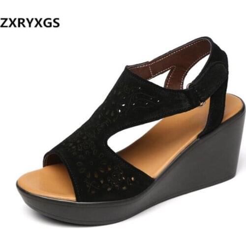 Hot 2020 New Summer Matte Cowhide Leather Sandals Women Shoes High Heeled Sandals Thick-soled Roman Fish Mouth Fashion Sandals