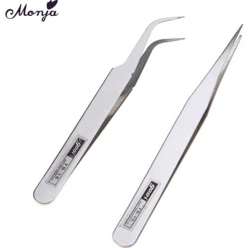 Monja Silver Straight Curved Stainless Steel Nipper Nail Art Rhinestones Beads Sequins Picking Dotting Tweezer Manicure Tool