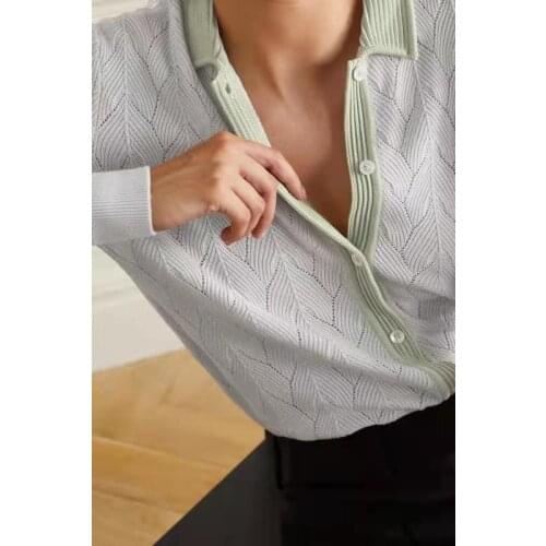 Women Sweater 2021 Fall New Style Contrast Lapel Single-breasted Wool and Cashmere Blended Knit Sweater Top Women