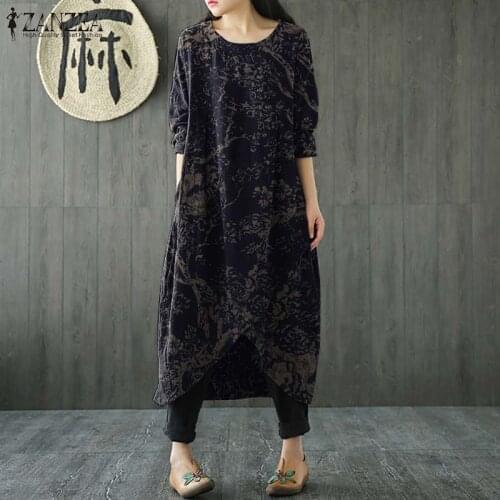 ZANZEA Oversized Vintage Sundress Women Autumn Floral Printed Long Sleeve Dress Robe Femme Casual O Neck Casual Loose Vestidos