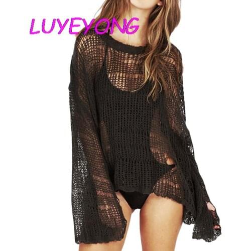 Lady Black White O Neck Cool Knitted Streetwear Loose Hole Hipster Top Gothic Sexy Women Hollow Out Thin Pullover Sweater 2021