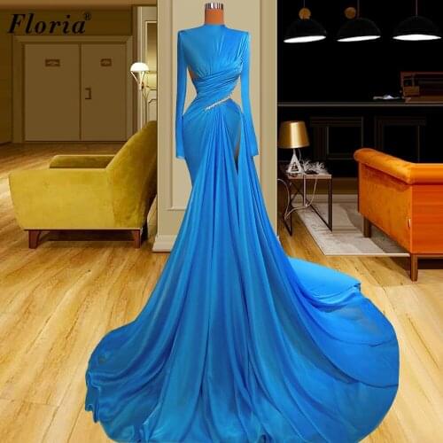 2 Designs Blue Evening Dresses Mermaid Vintage Prom Dresses Formal Long Sleeves Muslim Celebrity Dresses Party вечерние платья
